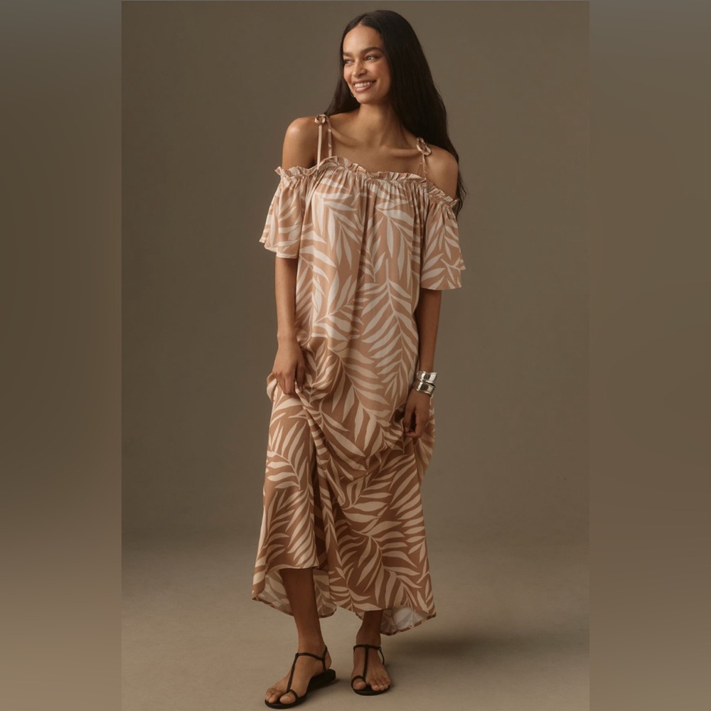 Women's Tan Leaf Print Off-Shoulder Swim Cover-Up